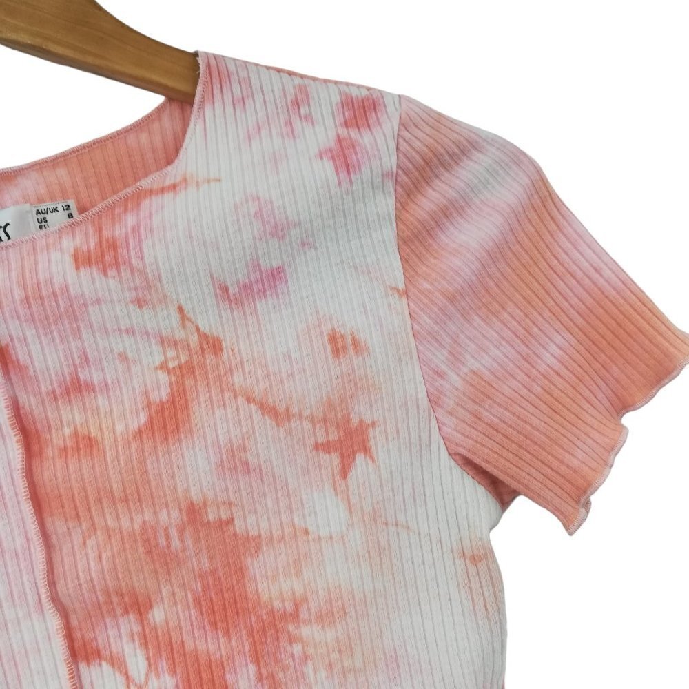 Princess Polly Tie Dye Pink Ribbed Knit Crop Top Size 8 Short Sleeve Shirt White - Picture 3 of 11